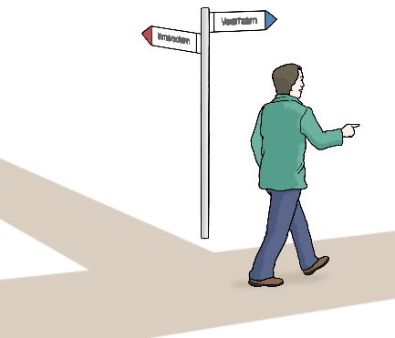 ls-42-komm-vorbei--so-kommst-du-zu-uns Zeichnung: Ein Mann steht an einem Wegweiser und zeigt in eine Richtung