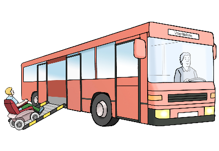 ls-43-komm-vorbei--unsere-adresse Zeichnung von einem Bus mit einer Rampe fuer Rollstuehle